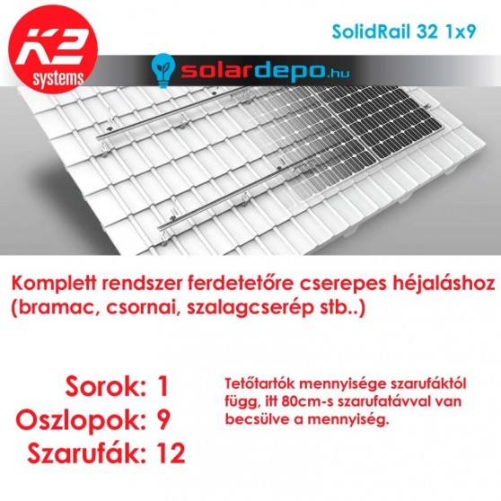 K2 SolidRail tartórendszer 1x9 - 9 napelemhez cseréptetőhöz UltraLight 32 sínnel